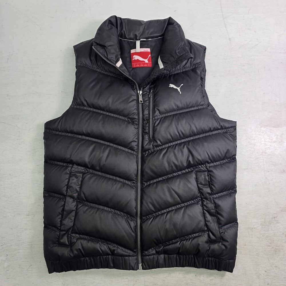 Puma Down Quilted Puffer Vest Mens Small Black Full Zip 50/50 Down Feather EUC